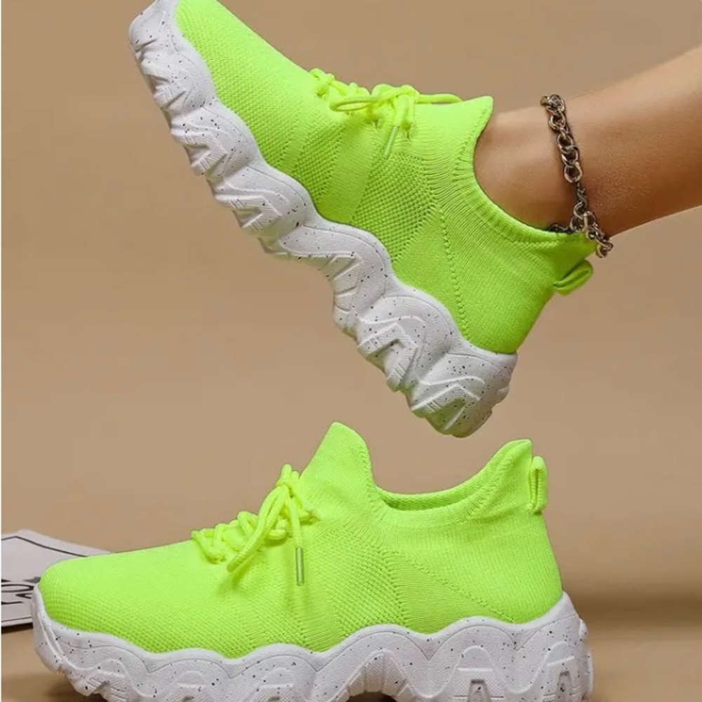 Green Chunky Platform Sneakers with Neon Appeal - Picture 4 of 6